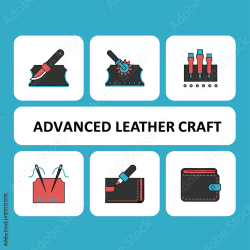 Advanced leather craft and traditional tool set icons featuring leather knife, marking wheel, hole punches, sewing needles with thread, coloring pen and finished stitched leather wallet