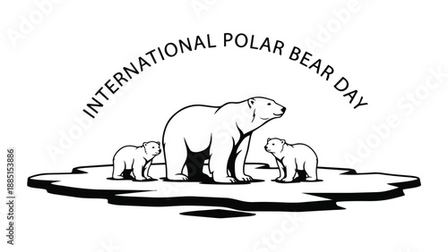 Three polar bears on ice in black and white design for International Polar Bear Day awareness