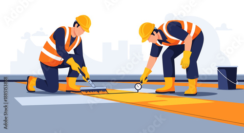 Two construction workers painting a floor with rollers.