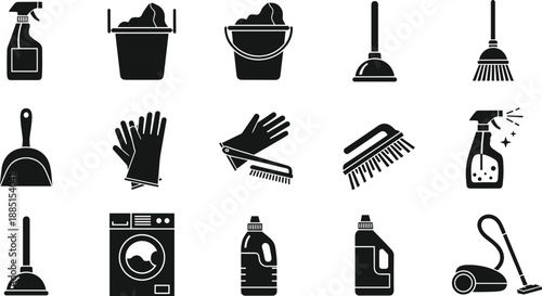 Collection, of, black, cleaning, icons, featuring, spray, bottles, buckets, mops, brooms, gloves, brushes, vacuum, cleaners, and, washing, machines, for, hygiene.