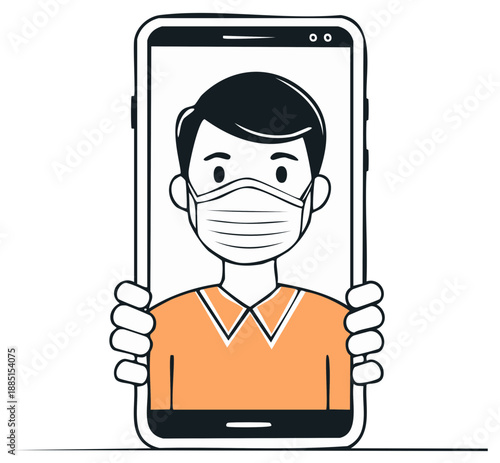 Person wearing a mask appears on a smartphone screen held by hands