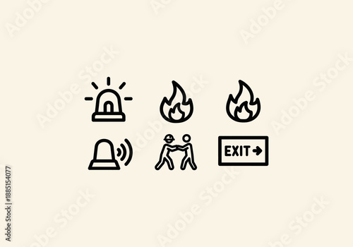 Vector set Concept Fire Safety Icons - Alarm, Flames, Evacuation, and Assistance Symbols.