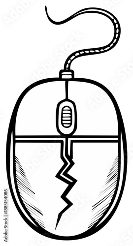 Cracked computer mouse illustration with wire