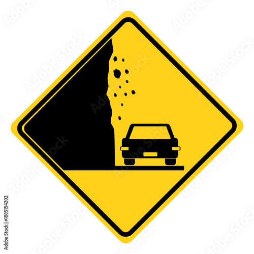 Warning falling rocks sign, Falling rocks and slippery road sign, Traffic caution insignia about rock slide or gravel. Flat vector illustration design