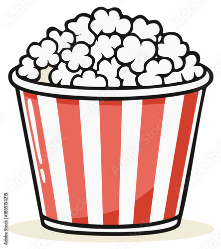 Classic red and white striped bucket overflowing with freshly popped popcorn snacks