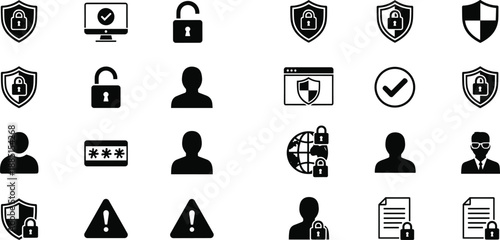 Collection, of, black, cyber, security, icons, featuring, shields, padlocks, passwords, users, protected, documents, and, global, data, safety, for, internet, technology.