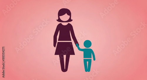 Woman and child walking hand in hand on pink background symbolizing family bonding and love