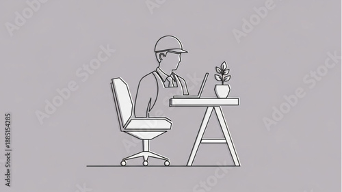 Man working on a laptop at a desk with a plant.