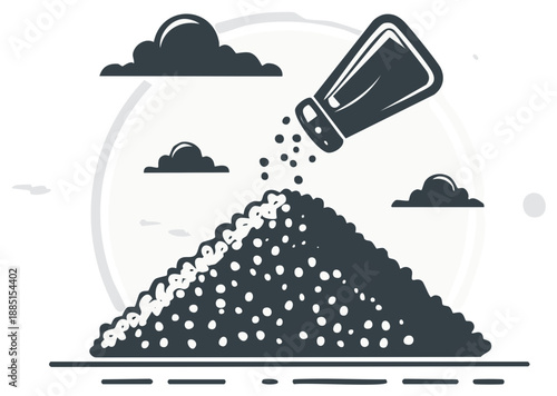 Illustrated Salt Shaker Pouring Salt onto a Pile with Cloud Accents Monochrome Design