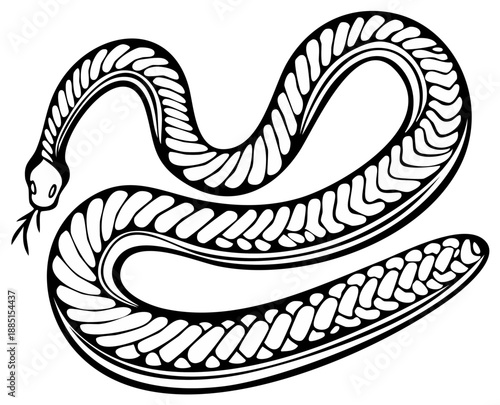 Stylized illustration of a menacing serpent with a forked tongue slithering in an elegant pose, a graphic rendering in black and white