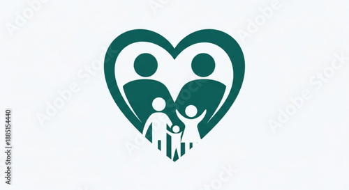Family love symbol heart shape with parents and child inside green color representing care and protection