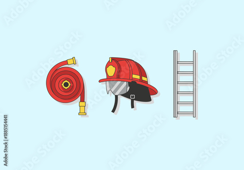 Vector set Concept Firefighting Equipment - Hose, Helmet, and Ladder Illustration.