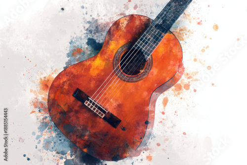 Beautiful acoustic guitar with vibrant watercolor splashes background, showcasing artistic expression and creativity. warm tones of guitar contrast with colorful backdrop, evoking sense of passion