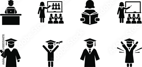 Collection, of, black, education, icons, featuring, students, teachers, graduation, gowns, diplomas, and, classroom, learning, for, academic, success, and, teaching, design.