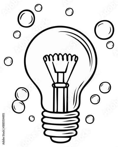 Illustrated Lightbulb surrounded by Bubbles, a Symbol of Ideas and Inspiration in Black and White