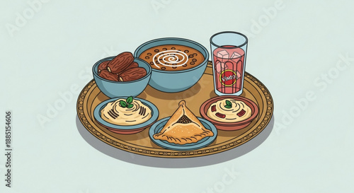 Middle eastern food on a wooden tray with hummus samosa falafel and drink