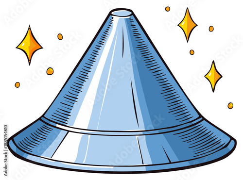 Hand-drawn blue conical hat with sparkles and yellow starbursts, clean illustration