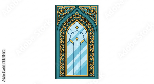 Ornate stained glass window with gold accents and blue tones in an arched frame