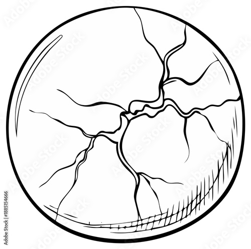 Cracked sphere or shattered glass ball black and white line art illustration