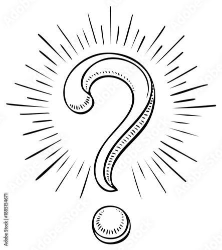 Hand drawn question mark radiating lines symbolizing curiosity and mystery