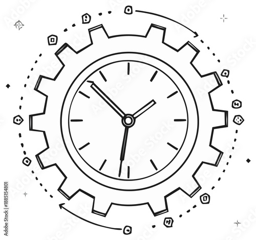 Hand drawn clock with gear system concept depicting timing and deadlines in design graphic