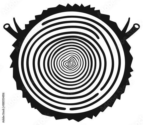 Stylized Black and White Wood Slice Vector Illustration with Rings and Two Branch Stumps