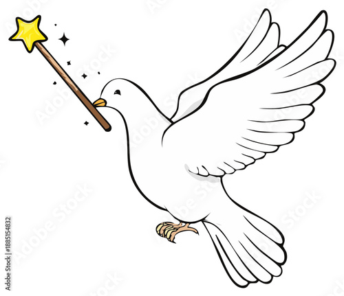 Magical white dove of peace flying and holding a sparkling star wand illustration