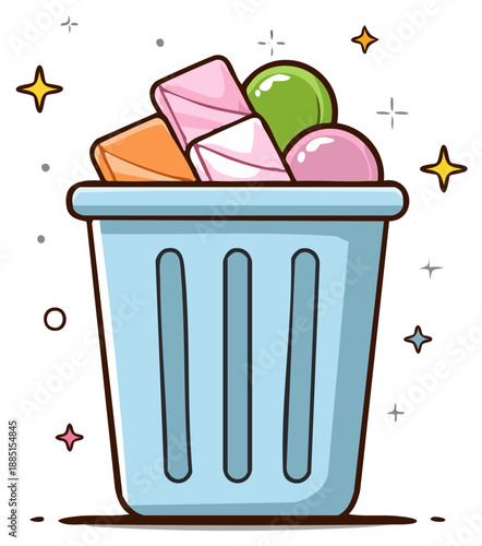 Trash bin with colorful envelopes and balls, cartoon illustration
