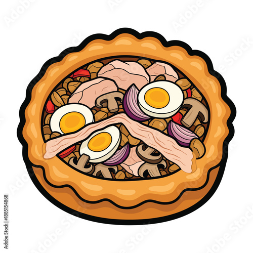 A cartoon illustration of a savory pie
