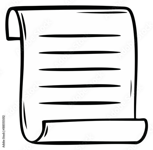 Cartoon stylized curled paper parchment document, handwritten page with lines