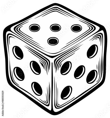 Dice Cube Engraving, Six-Sided Die Graphic, Outline Style, Monochrome Casino Gambling Game Tool, Fortune Telling