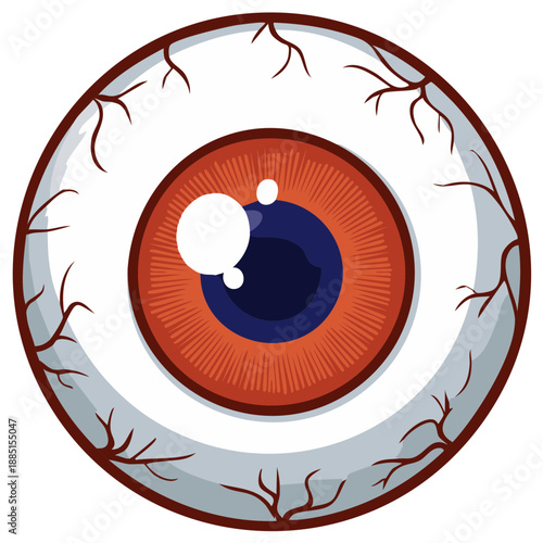 Detailed cartoon human eyeball illustration with bloodshot sclera brown iris and dark pupil