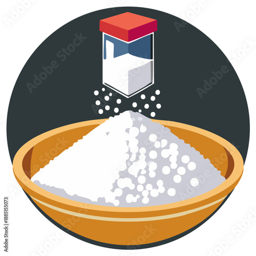 Salt shaker pouring white granules into a bowl overflowing with crystalline salt