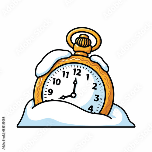 A cartoon illustration of a pocket watch surrounded by snow