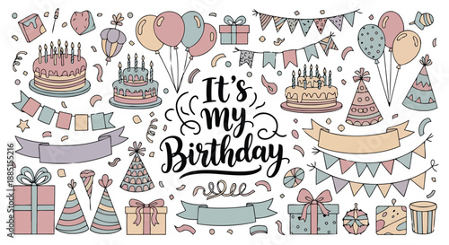 Cute pastel birthday doodle set with cakes gifts and balloons vector