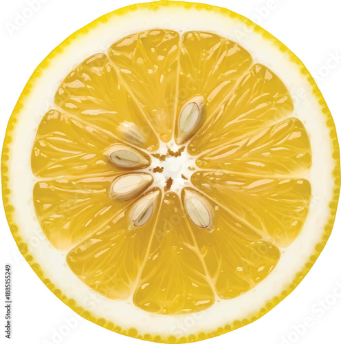 Close-up of a juicy, ripe lemon slice with seeds, a refreshing citrus fruit