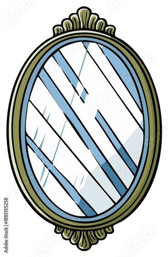 Elegant Oval Mirror with Ornate Frame in a Cartoon Style, Reflecting a Distorted Image with Blue Tinted Glass