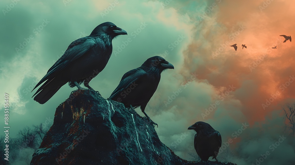 Obraz premium Three crows perched on a rock against a dramatic sky with other birds flying overhead.