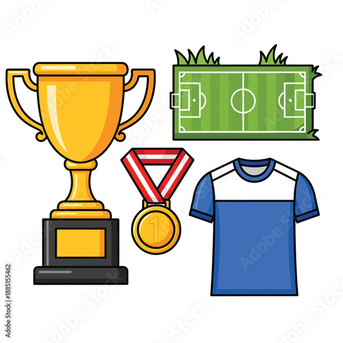 A cartoon illustration of a soccer trophy, medal, field, and jersey