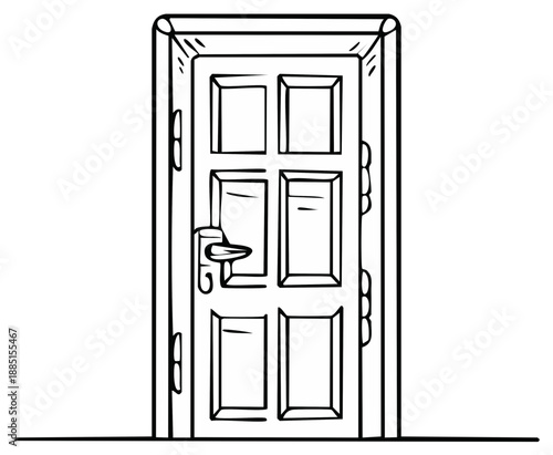 Stylized Illustration of an Open Wooden Door with Six Panels and a Metal Handle