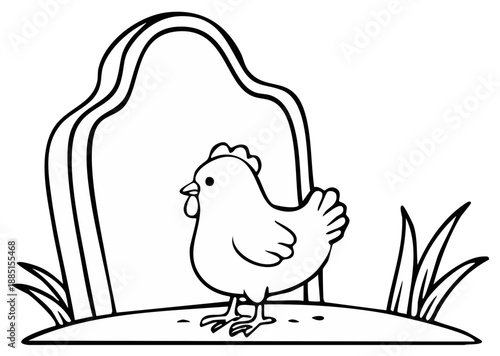Farm chicken standing near a gravestone with grass simple line art illustration