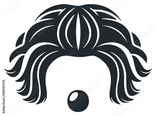 Stylized Clown Face with Bushy Dark Hair and Red Nose for Costumes, Circuses, and Parties