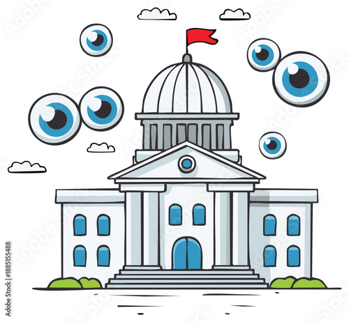Cartoon Capitol Building with Eye Symbols, Governmental Transparency Concept