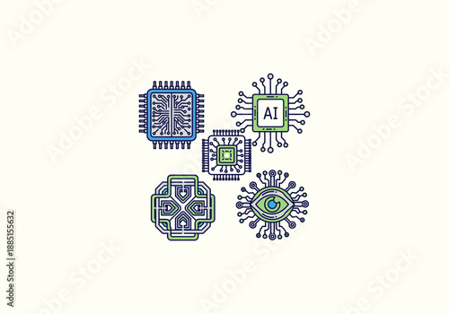 Vector set Concept Five stylized computer chips with intricate circuit patterns in blue and green.