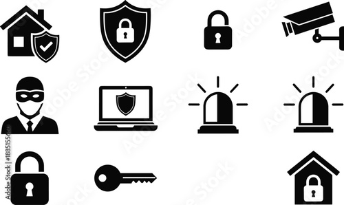 Collection, of, black, home, security, icons, featuring, cameras, locks, keys, shields, alarms, sirens, and, laptops, for, safety, and, protection, design.