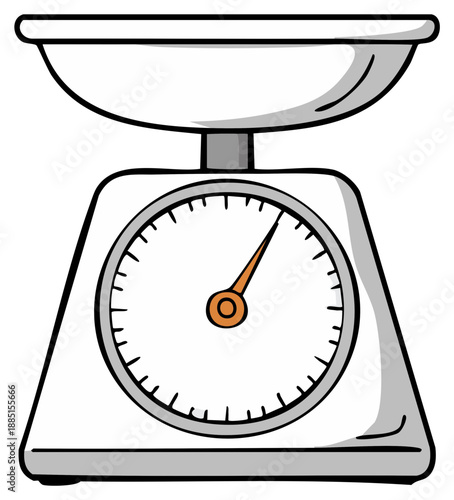 Retro kitchen scale with analog dial and pointer measuring weight, simple illustration