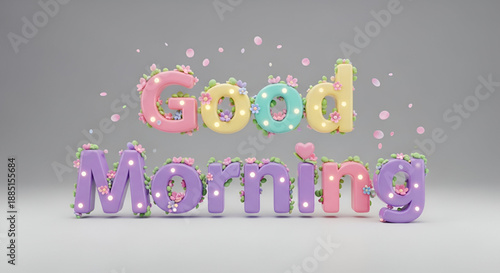Good morning greeting design with colorful pastel letters flowers and soft lighting expressing happy holi mood positivity freshness celebration for banner poster card and commercial use
