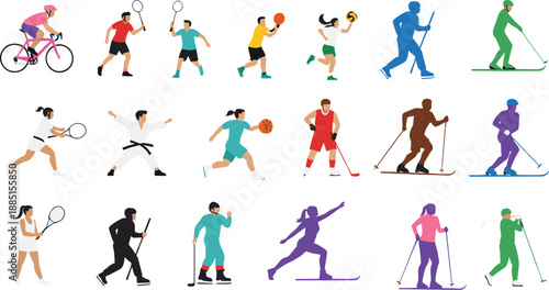 Collection of diverse flat vector illustrations featuring athletes and people participating in various summer and winter sports activities and outdoor recreation.