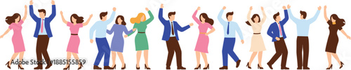 Diverse group of happy business professionals and office employees dancing and celebrating success together in a flat vector illustration.