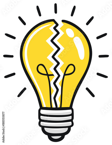 Broken light bulb illustration shining with cracks, representing a loss of creativity and no innovation